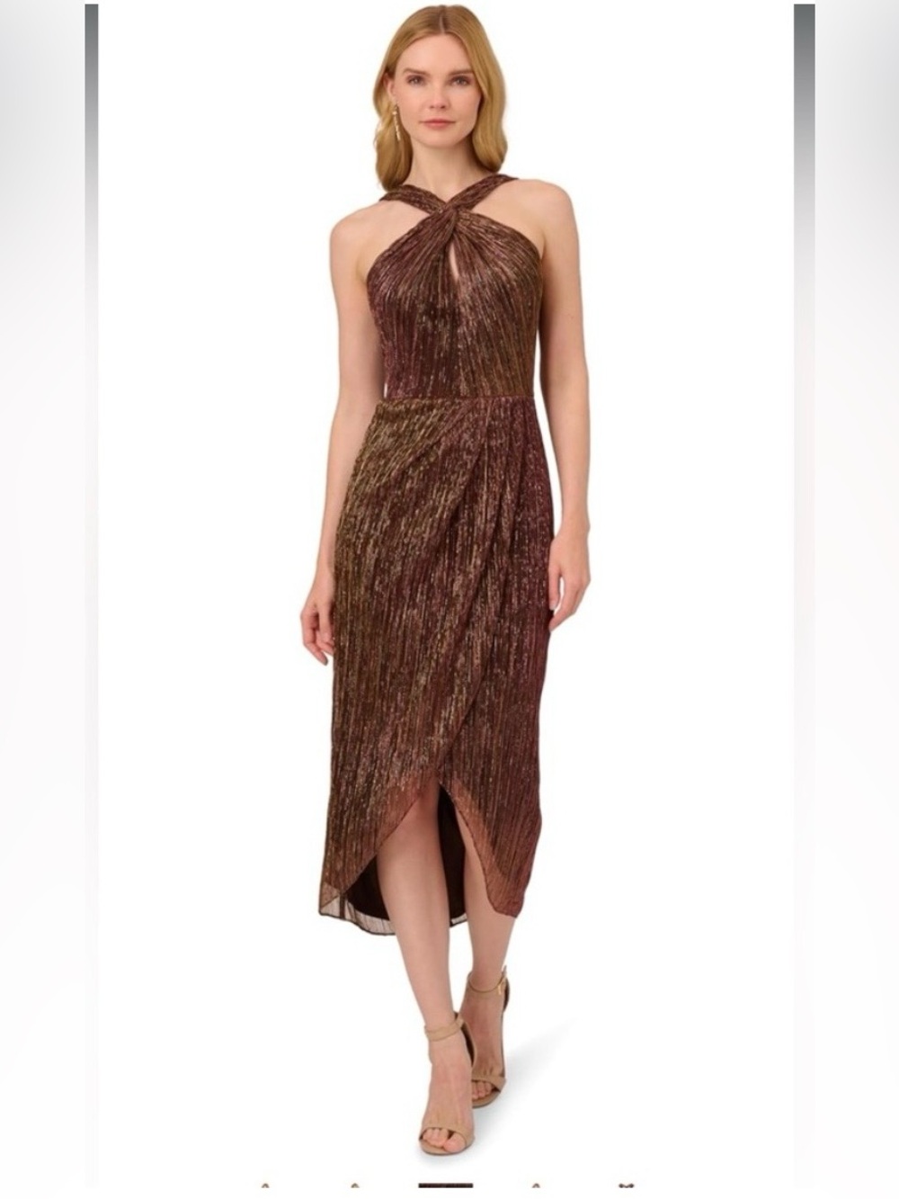 Adrianna Papell Metallic Brown Halter  Twist Dress